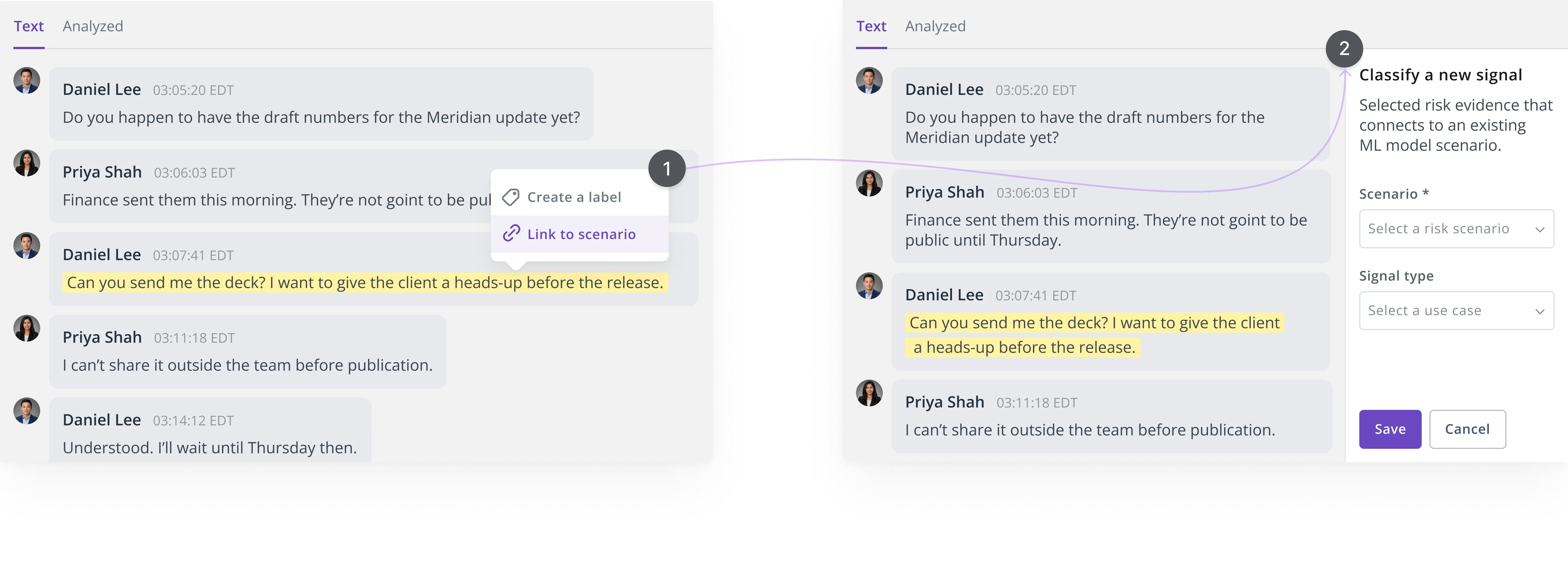 End-to-end workflow showing highlighted text linked to a compliance scenario via an inline menu and a side panel form.