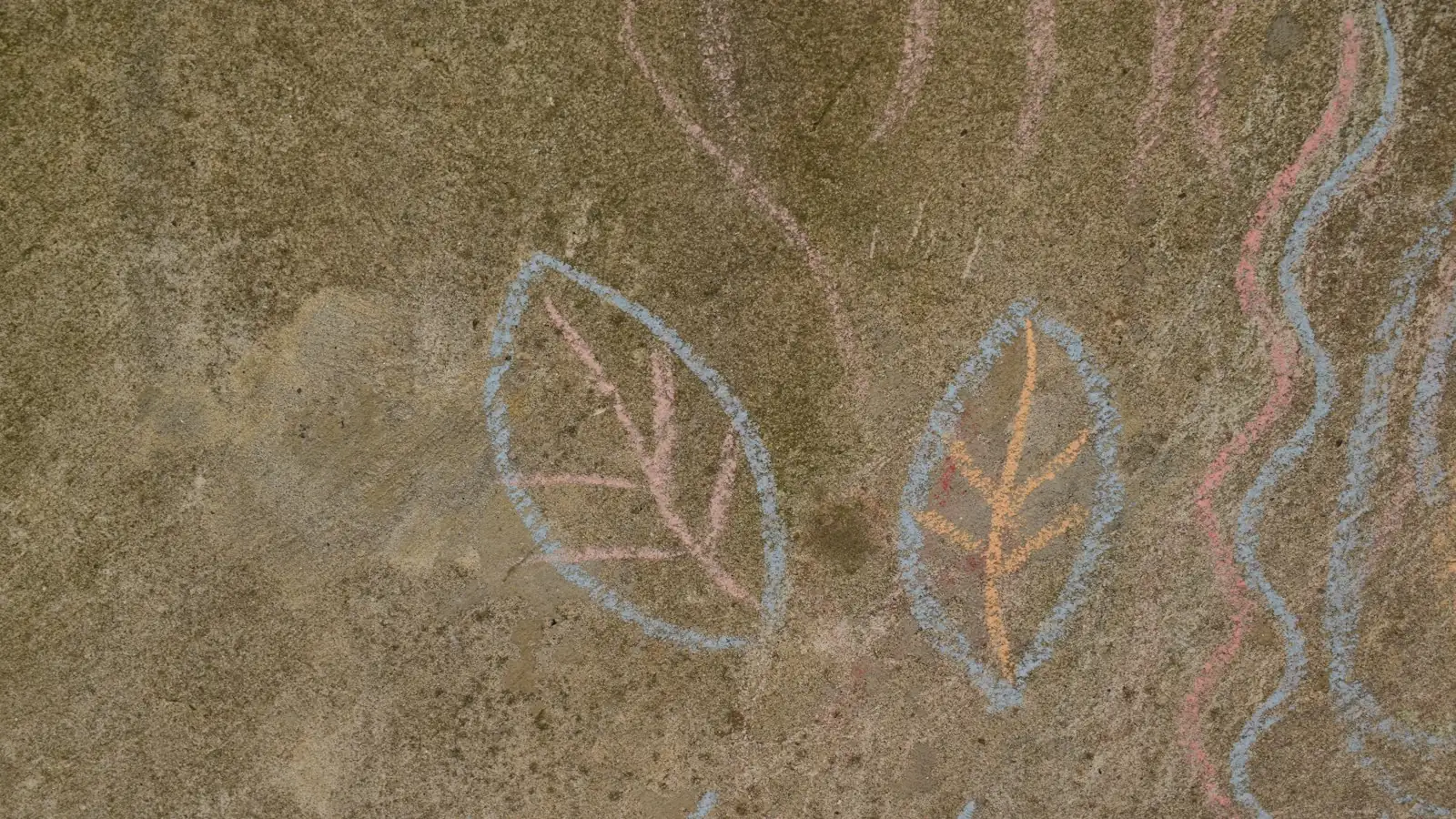 Zwei mit Kreide gemalte Blätter und bunte Wellenlinien auf einem sandfarbenen Gehweg