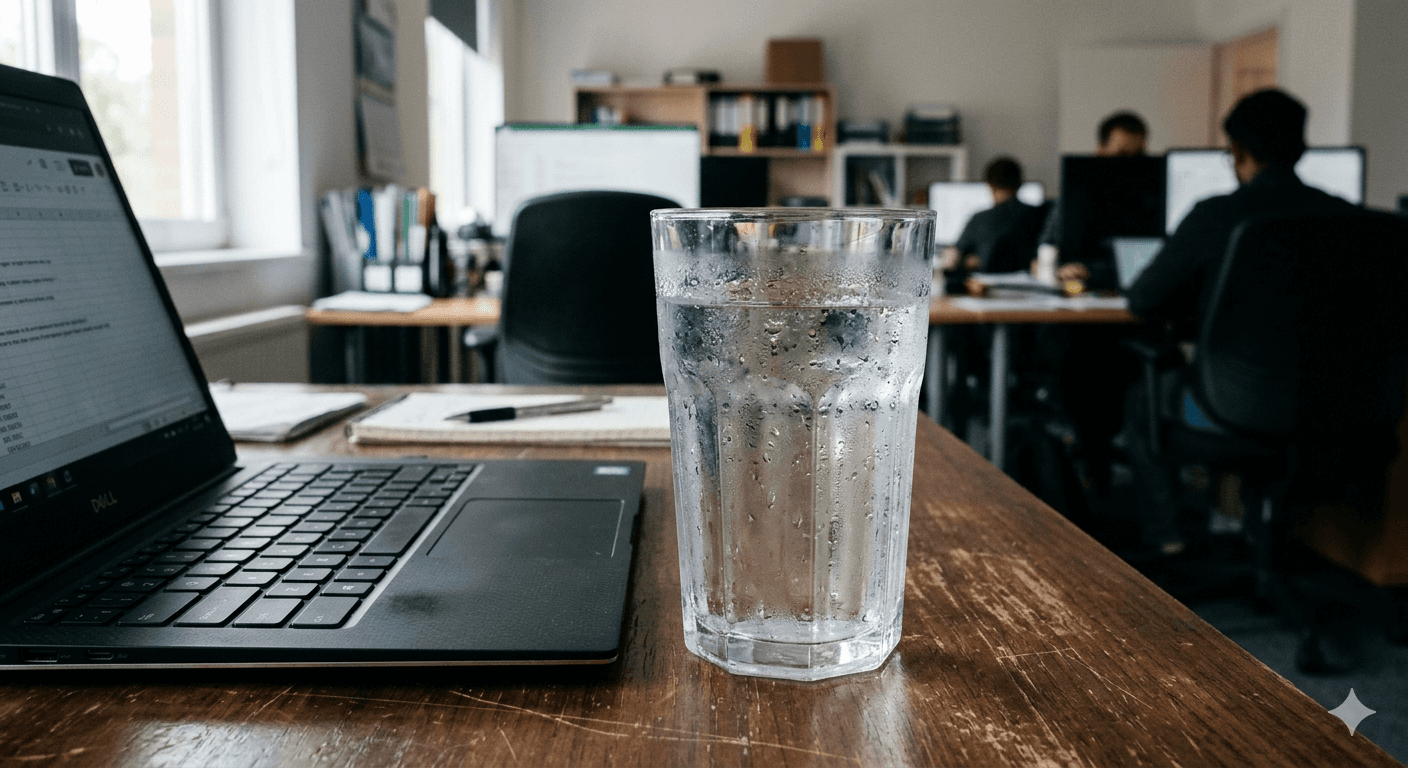 Glass of water beside a laptop at a work desk — building a water drinking habit into the workday