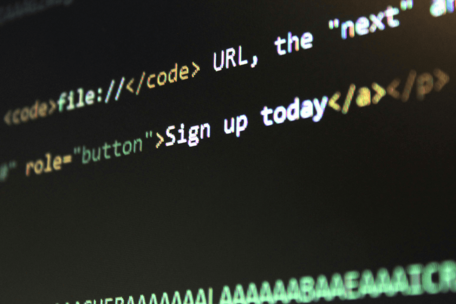 HTML code snippet with sign-up link on a black background.