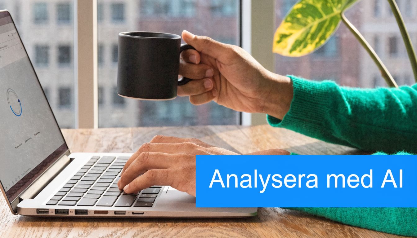 En person i grön tröja dricker kaffe och arbetar på en bärbar dator med AI-analys på skärmen.