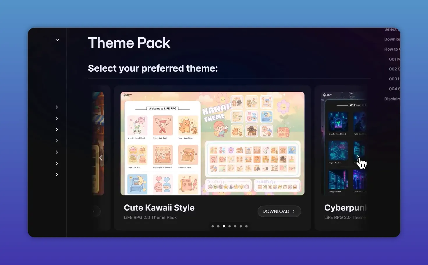 Theme Pack page displaying a Cyberpunk Style theme preview