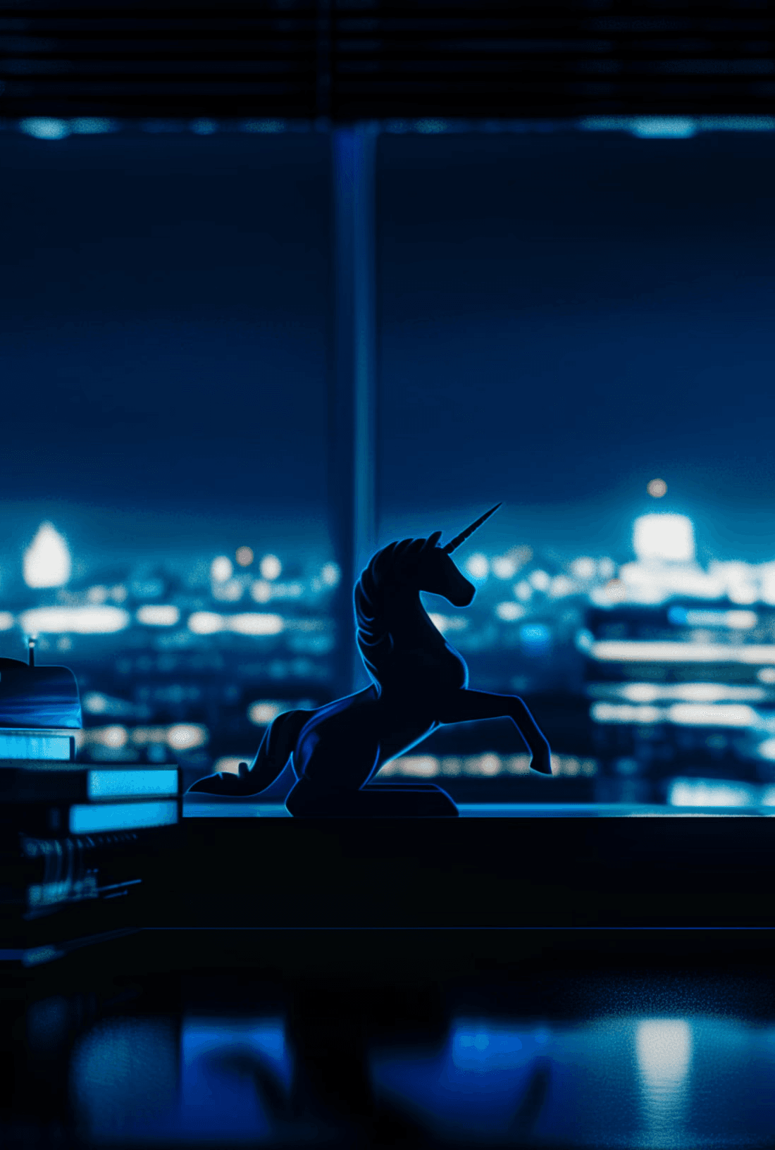 a unicorn statue in an office at night