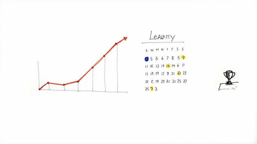 A person tracking their writing progress on a calendar, with a cup of coffee nearby, symbolizing habit formation.