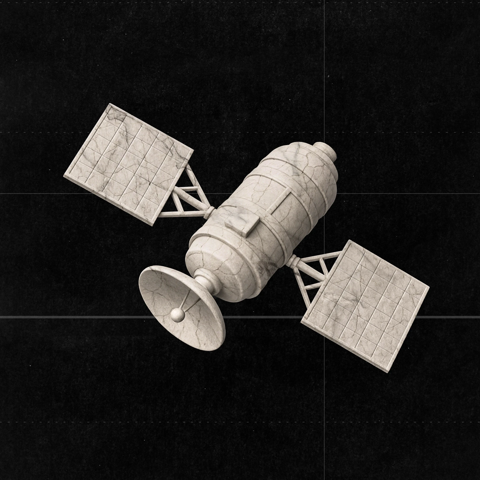 Satellite in marmo che rappresenta la fase File di traduzione del metodo Z1 Interlink, simbolo della capacità di leggere e tradurre i segnali del mercato in dati e strategie ingegneristiche.