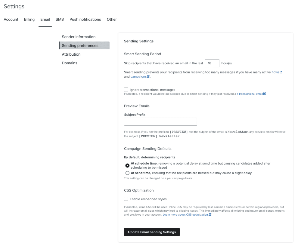 Klaviyo email settings for Smart Sending preferences. Features include a 16-hour Smart Sending period, transactional message exclusions, subject prefix customisation, and campaign sending defaults