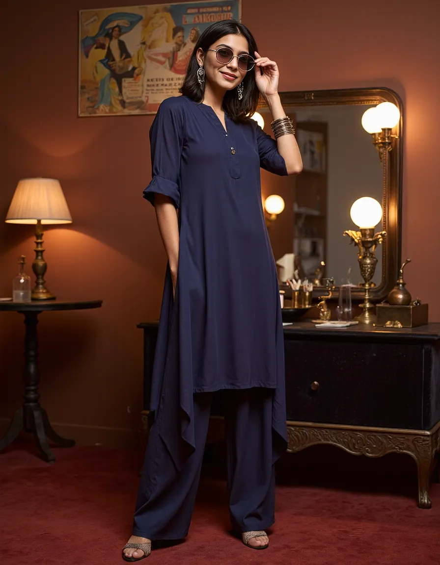 Elegant navy blue outfit featuring asymmetrical tunic and wide-leg pants, styled with gold accessories in a warm, vintage-inspired setting