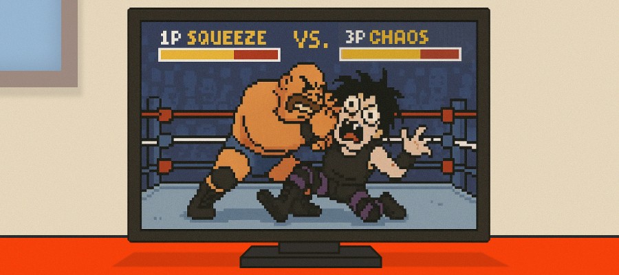Retro video-game wrestling match showing “1P Squeeze” overpowering “3P Chaos,” symbolizing the painful choice small CPG brands face between shrinking 1P support and chaotic 3P management.
