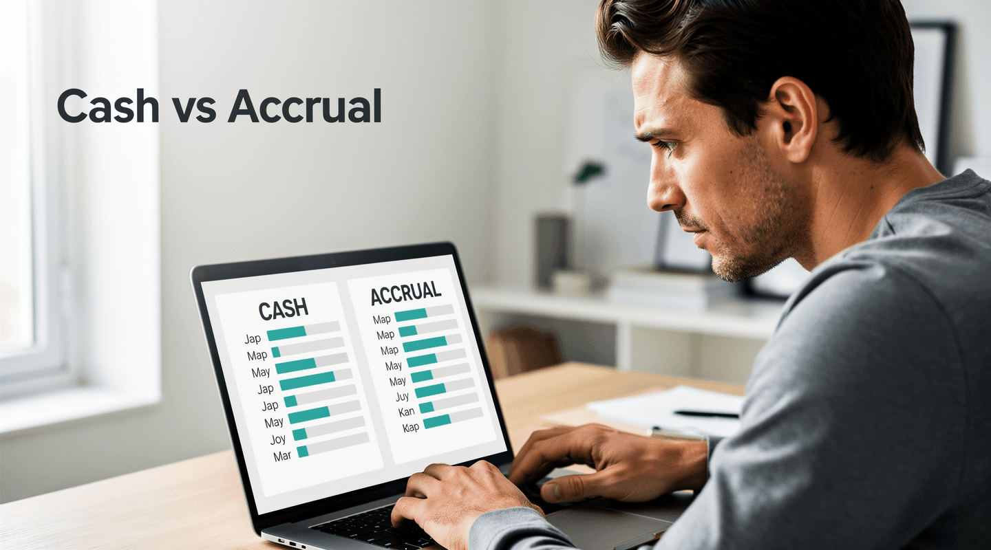 Two-column comparison of cash vs accrual accounting with a Canadian small-business operator at a laptop reviewing accounts receivable and payable balances