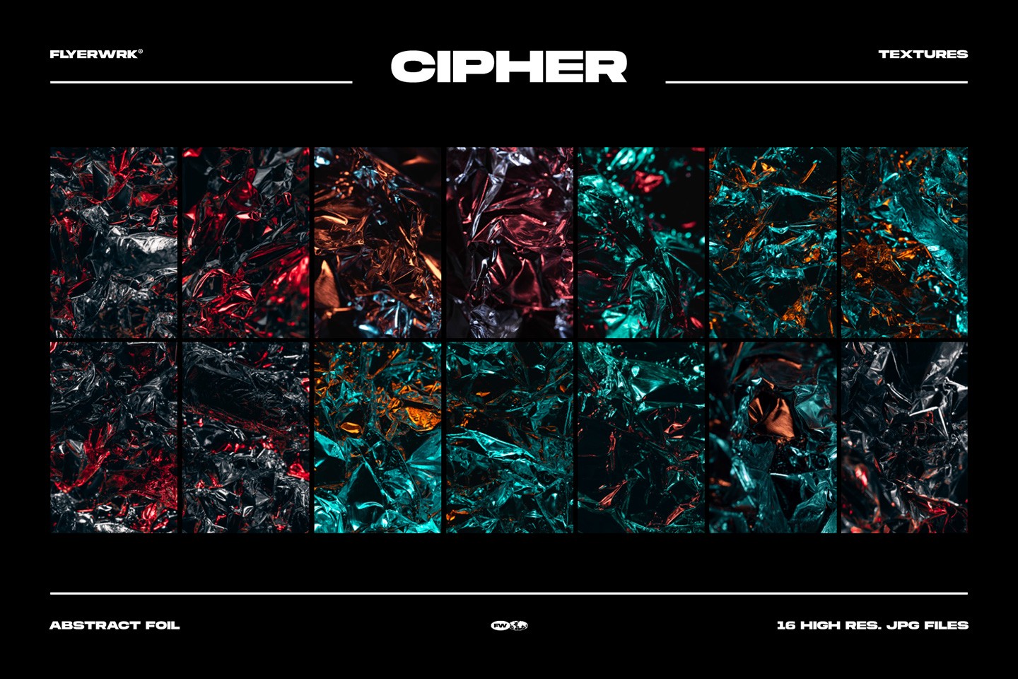 Full pack overview of sixteen Cipher abstract metal foil textures in high resolution JPEG format