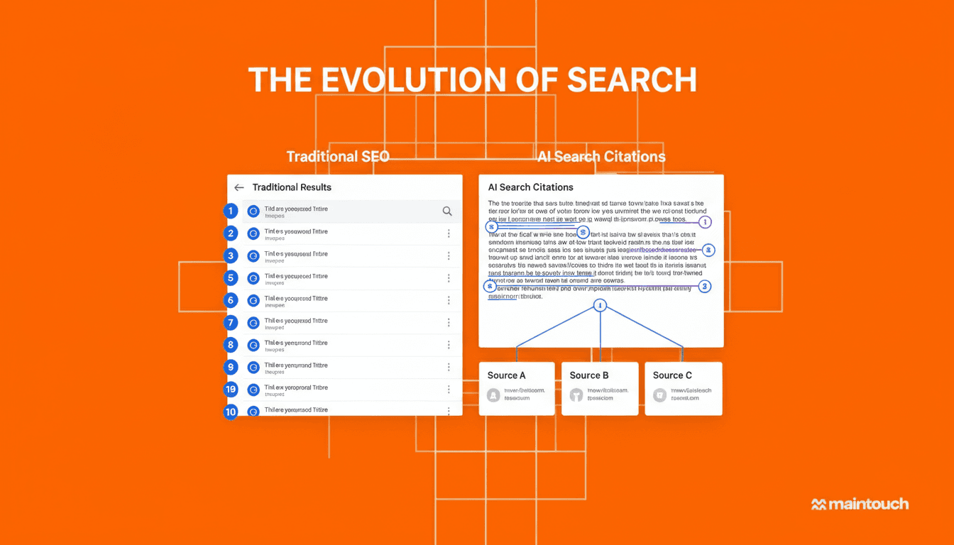 A professional diagram showing the shift from traditional SEO to AI search citations. Split-screen comparison: left side shows a traditional search results page with numbered rankings 1-10, right side shows an AI-generated answer with multiple source citations highlighted. Clean, modern design with blue and purple gradient, minimalist style, tech-focused aesthetic. Include visual elements like citation badges, source attribution markers, and connection lines showing how AI pulls from multiple sources.