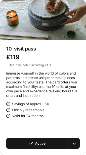 Time card (10-session pass) for attending ceramic workshops which is bookable through the leisure activity booking system from anny