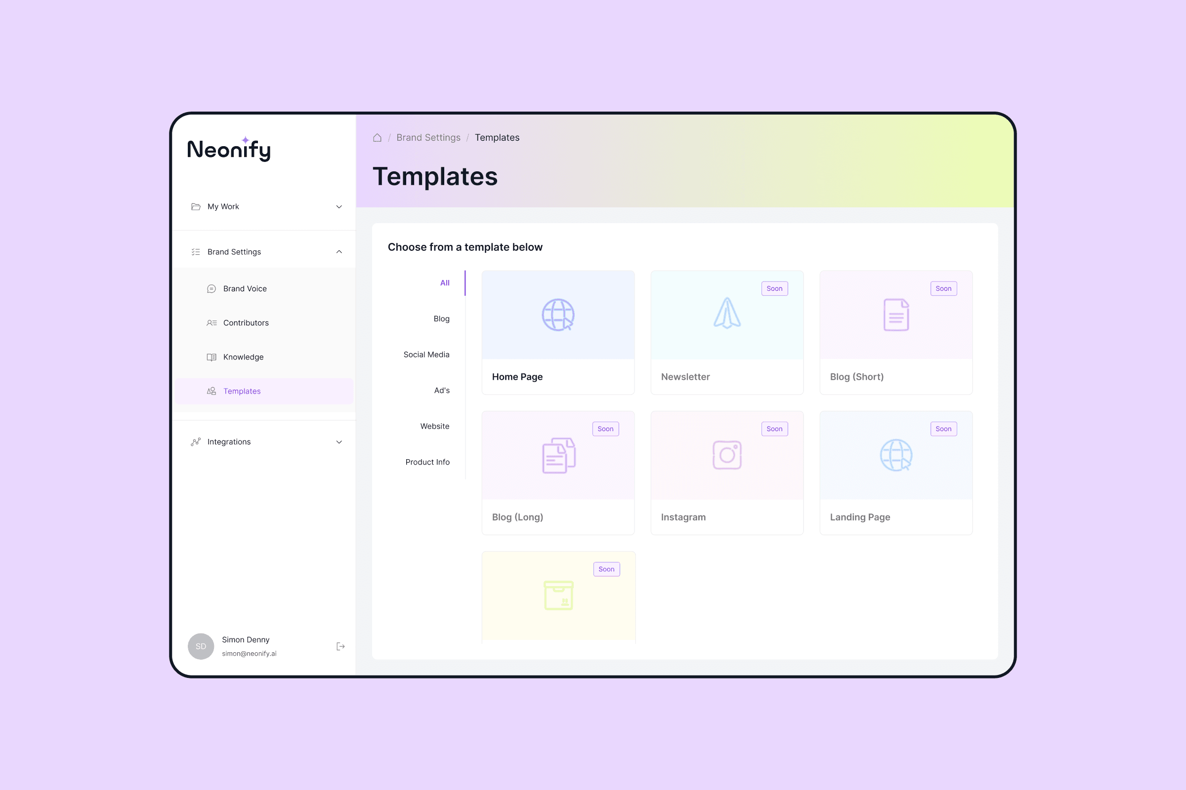 Neonify templates screen showing content type selection grid with Home Page, Newsletter, Blog Short, Blog Long, Instagram and Landing Page options with category filters in sidebar