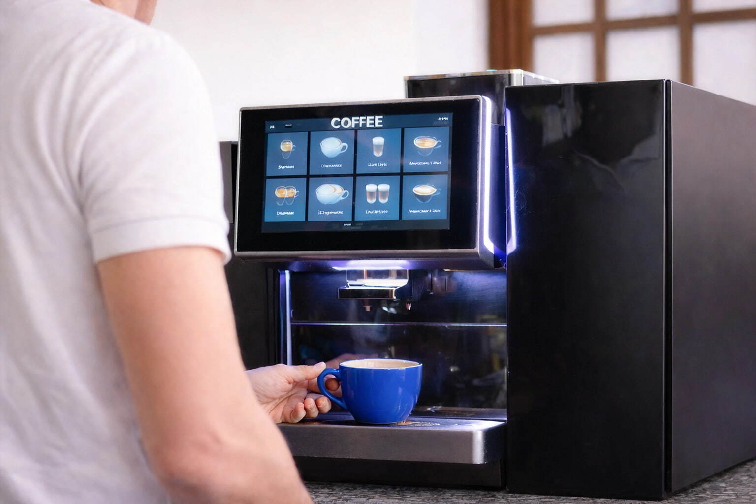 automated cafe franchise robotic coffee machine serving drinks in a smart vending kiosk