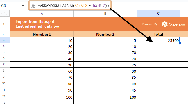 =ArrayFormula(SUM(A3:A12 * B3:B12))