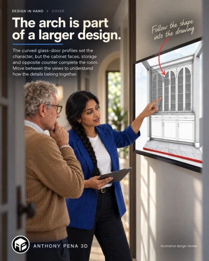 Illustrated discussion of a three-bay arched glass display cabinet on a vertical screen.
