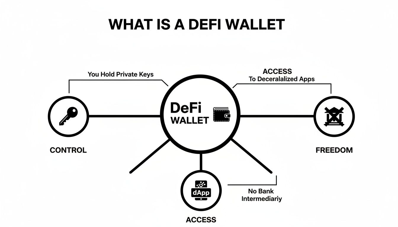 A diagram explaining a DeFi Wallet with features like private key control, dApp access, and no bank intermediary.
