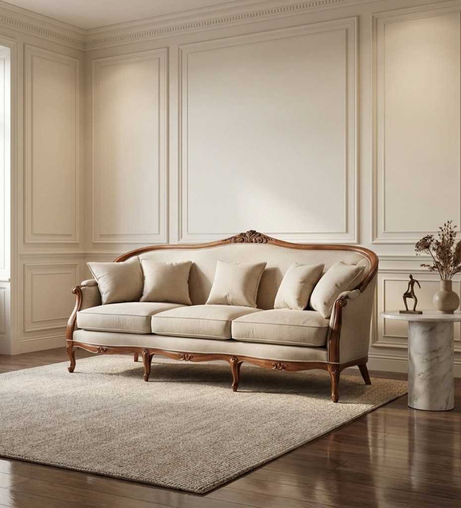 Luxury contemporary cane sofa with teal upholstery and wooden frame