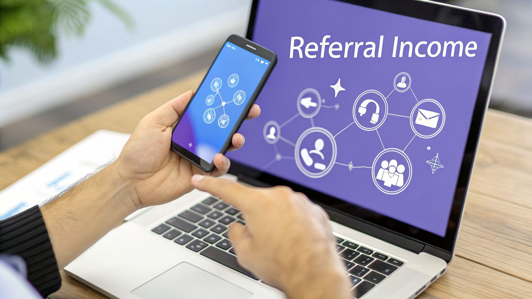 Person holding smartphone and pointing at laptop displaying 'Referral Income' with network icons, illustrating online earning.