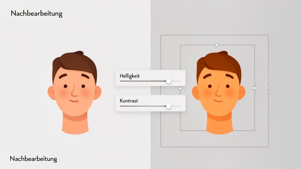 Ein Bildbearbeitungsprogramm zeigt einen Mann, dessen Gesicht mit Helligkeit- und Kontrast-Reglern angepasst wird.