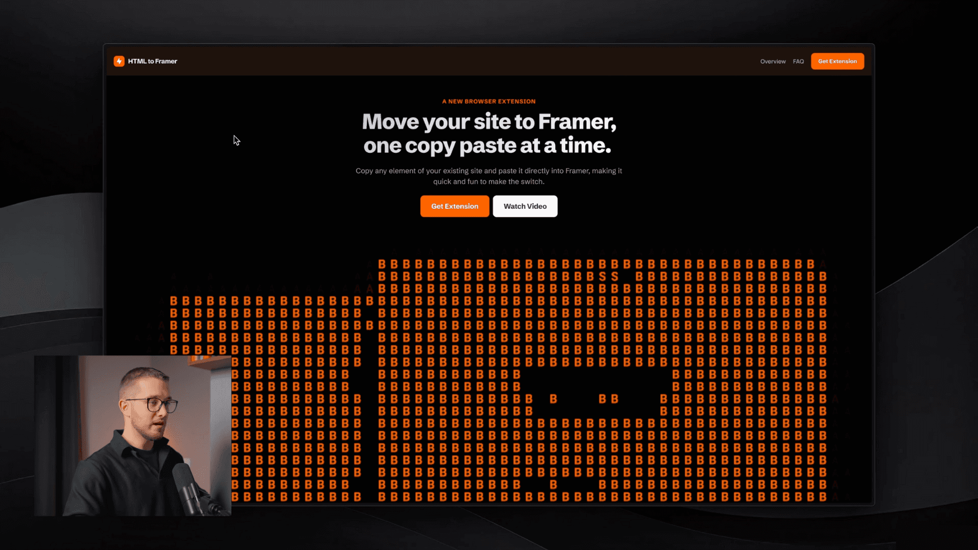 Interface of the 'HTML to Framer' browser extension with a dark theme, featuring orange text, an inset video of a presenter, and options to download the extension or watch a video