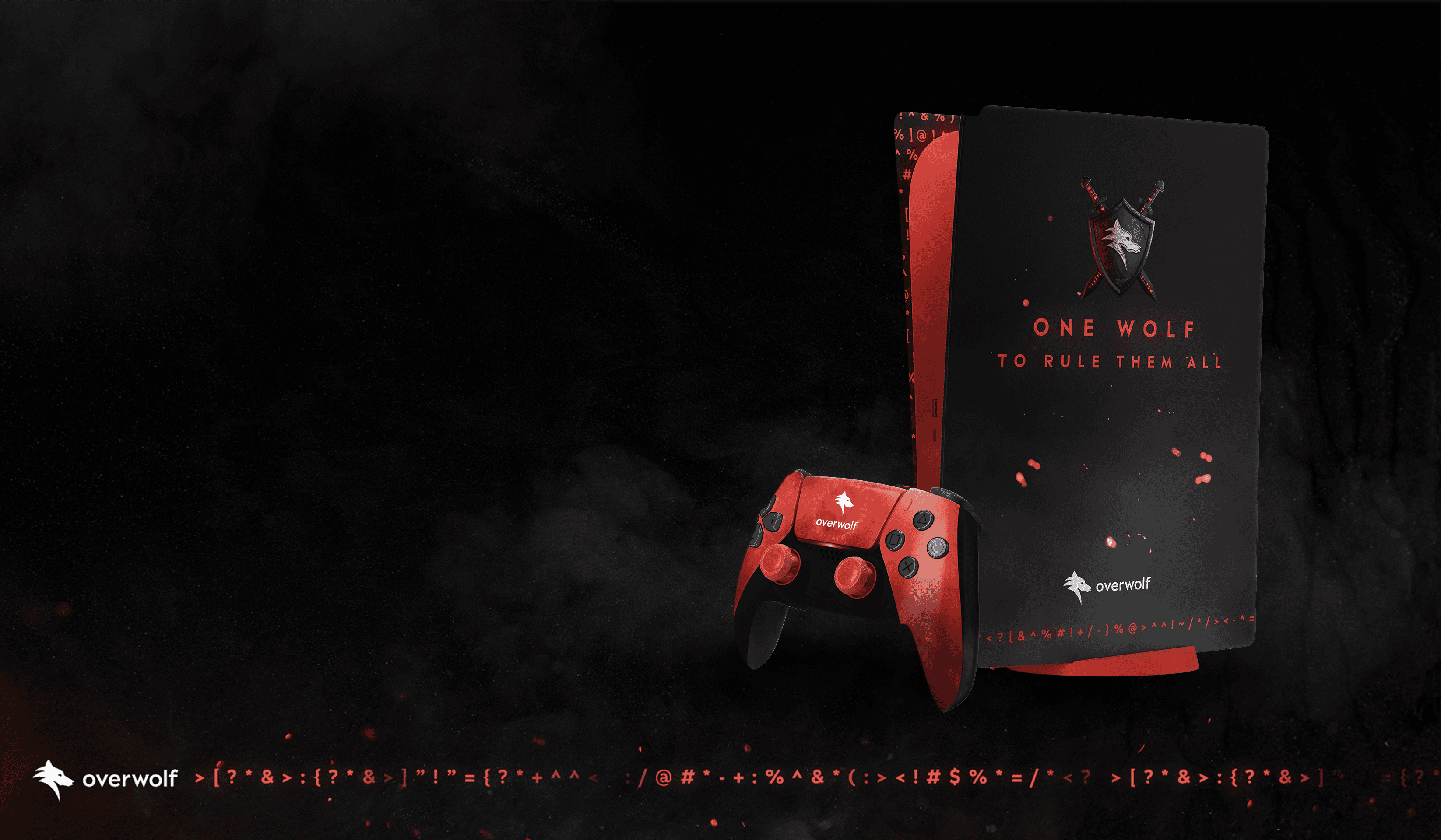 Custom Overwolf gaming console and controller with dark fantasy wolf branding and red illuminated design theme.