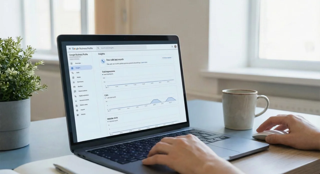 Google Business Profile insights showing low impressions and few calls for CADD Nest before local SEO optimization.