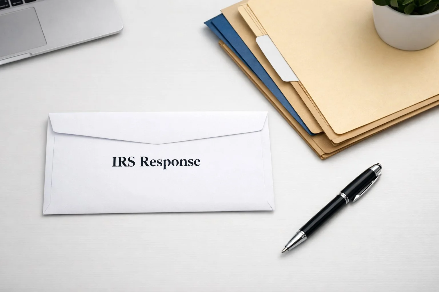 Professional envelope labeled “IRS Response” on a tidy workspace, next to organized folders and a pen ready for signing.