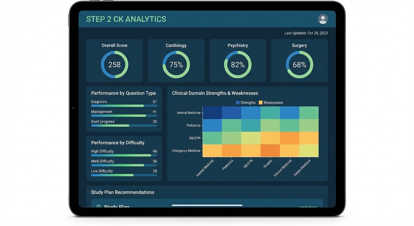 Step 2 CK performance analytics dashboard showing detailed breakdown by specialty and question type