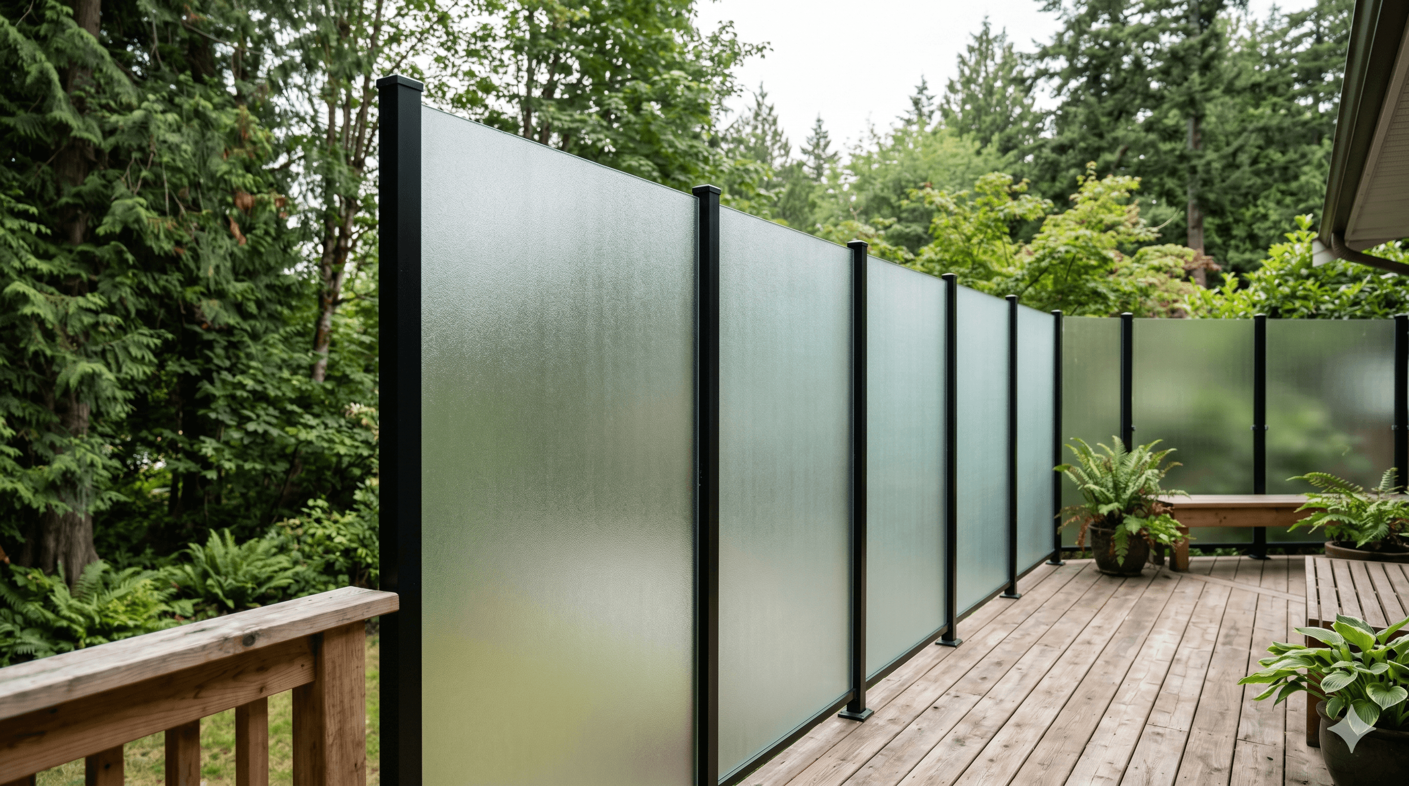 Frosted glass privacy wall installed along a residential deck