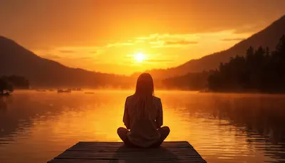 scene de coucher de soleil avec une personne assise en tailleur de dos face à un lac et montagnes