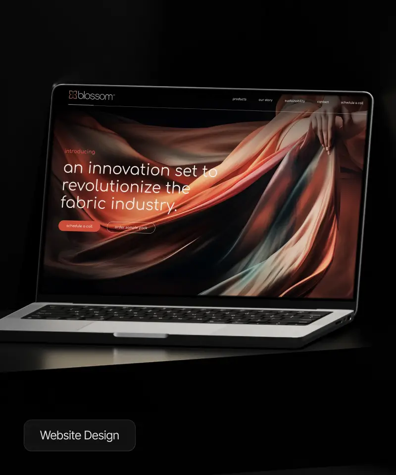 Blossom Website Design case study: Modern and innovative web design for the fabric industry displayed on a laptop screen.