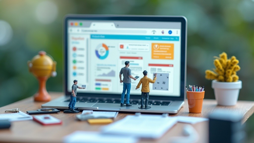 A miniature Framer website build scene with tiny people setting up SEO elements on a model desk.