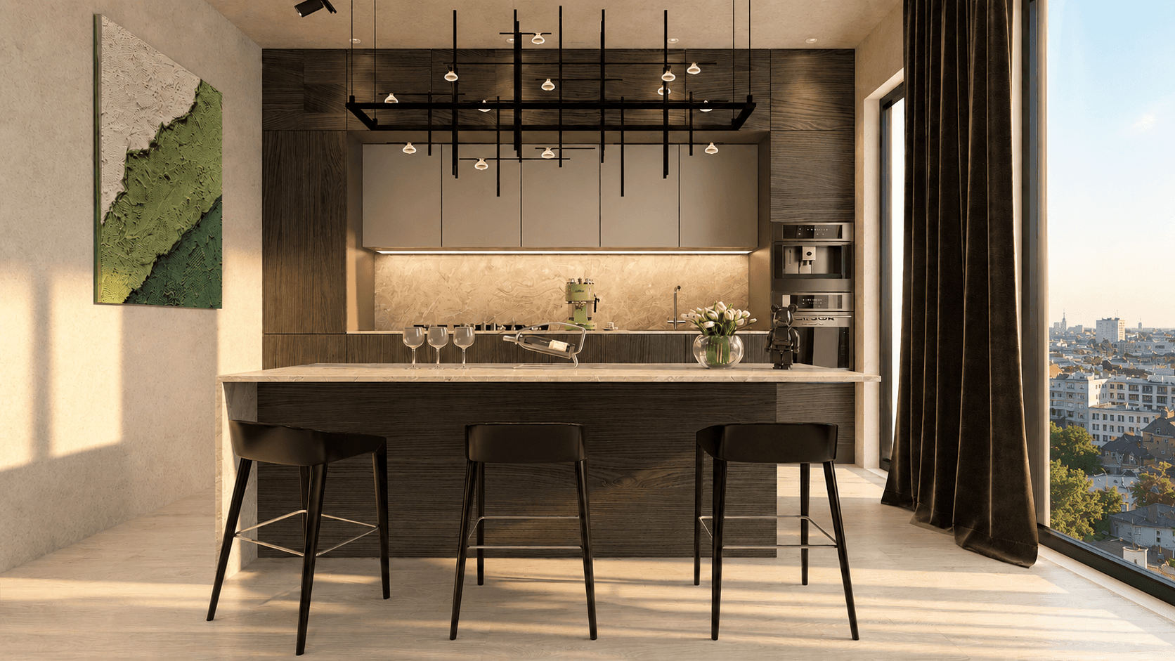 Moderne, warme Küche mit dunklen Holzelementen, edlem Calacatta-Marmor und exklusiven Designmöbeln mit Blick auf Berlin von Rosewood Interiors