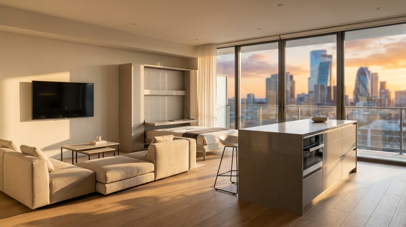 Apartamento compacto de alto padrão decorado de forma minimalista, com vista urbana através de uma grande janela iluminada pelo sol da tarde.