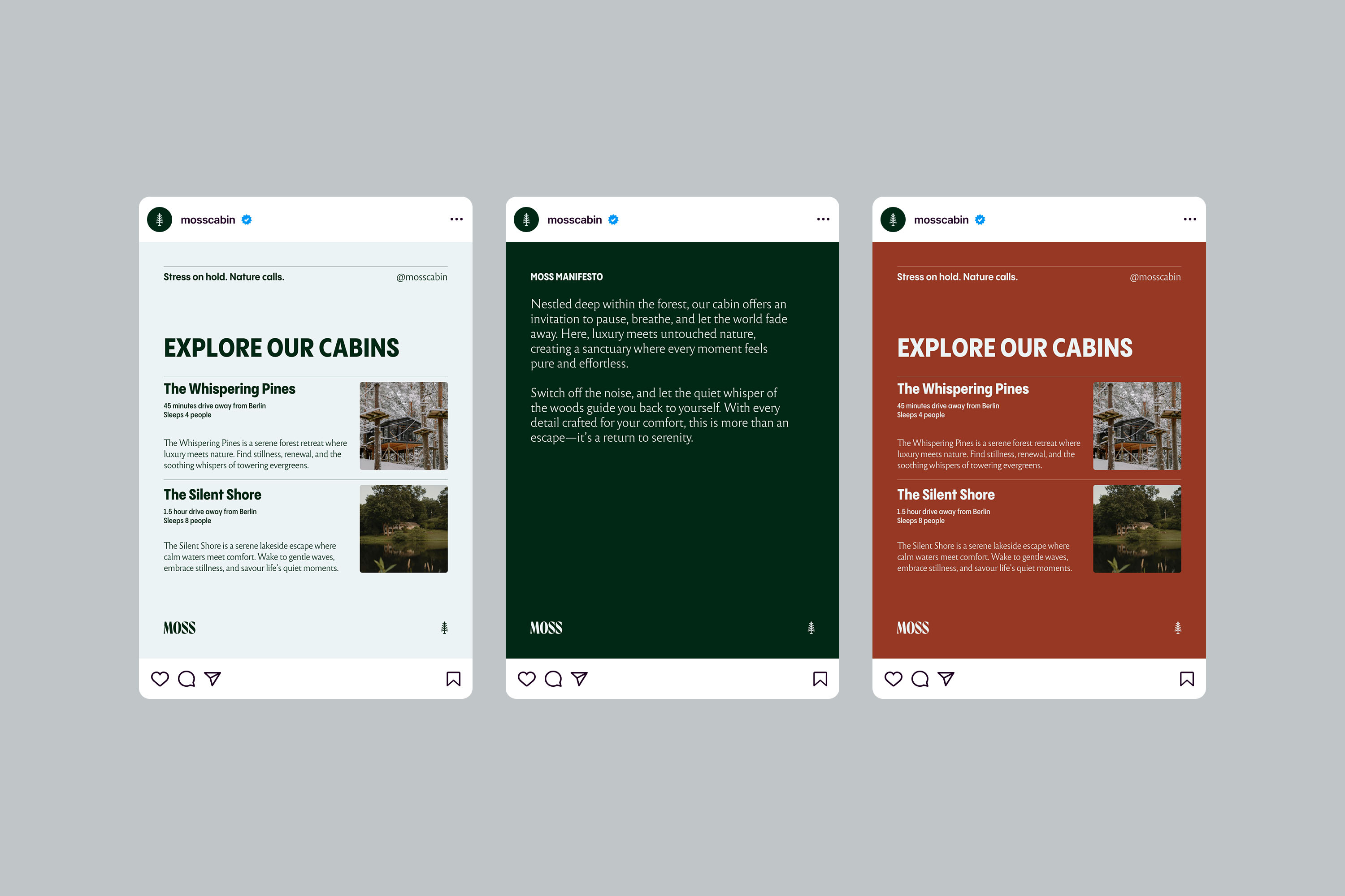 Moss Instagram posts showing cabin branding in cream, green, and rust colour variations
