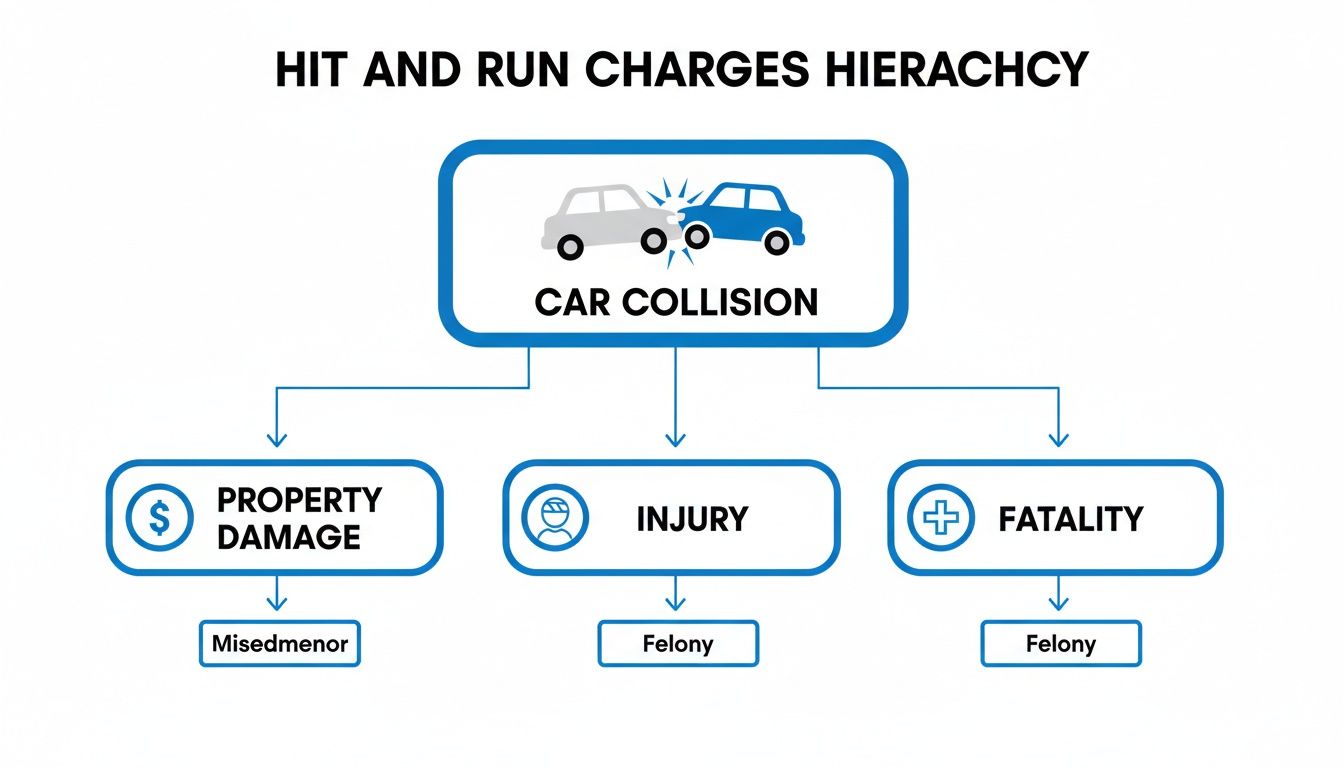 Flowchart detailing hit and run charges hierarchy based on car collision outcomes: property damage, injury, or fatality.