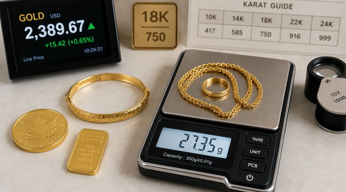A collection of gold jewelry, a coin, and a gold bar being weighed on a digital scale.