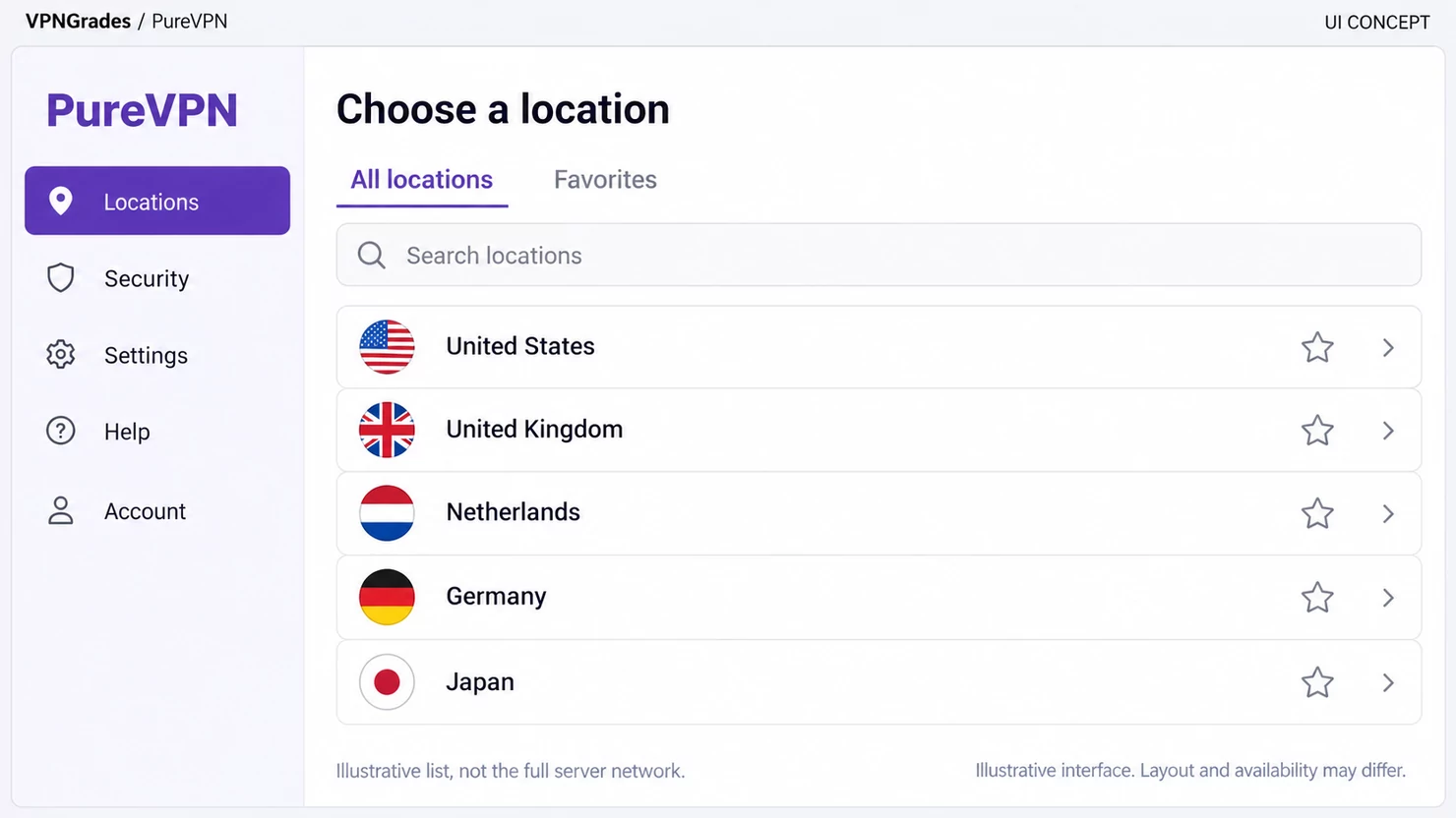 PureVPN: a location picker concept (illustration).