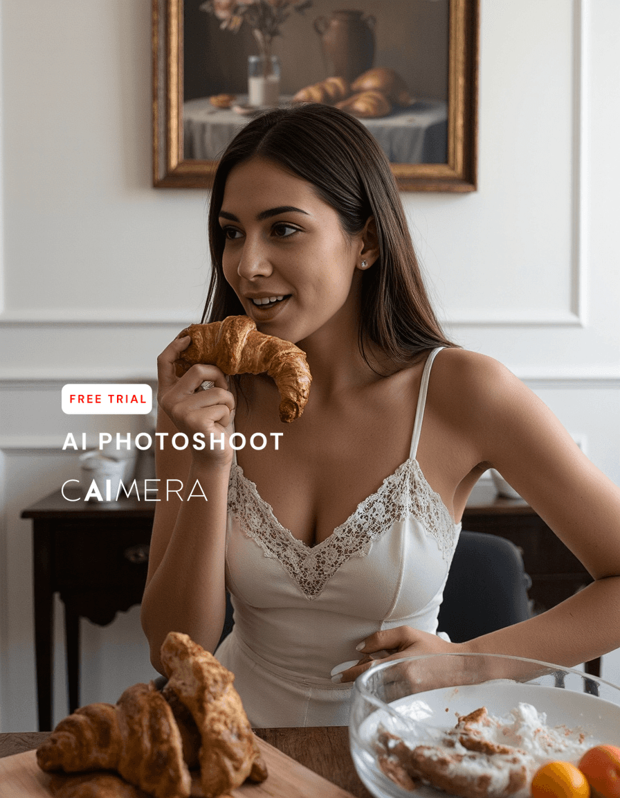 Elegant breakfast scene featuring croissants on wooden board with a white lace-trimmed camisole in a classic interior setting