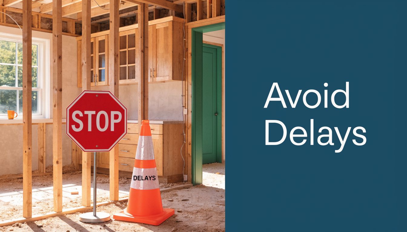 A home under construction with a stop sign and traffic cone representing potential renovation project delays.