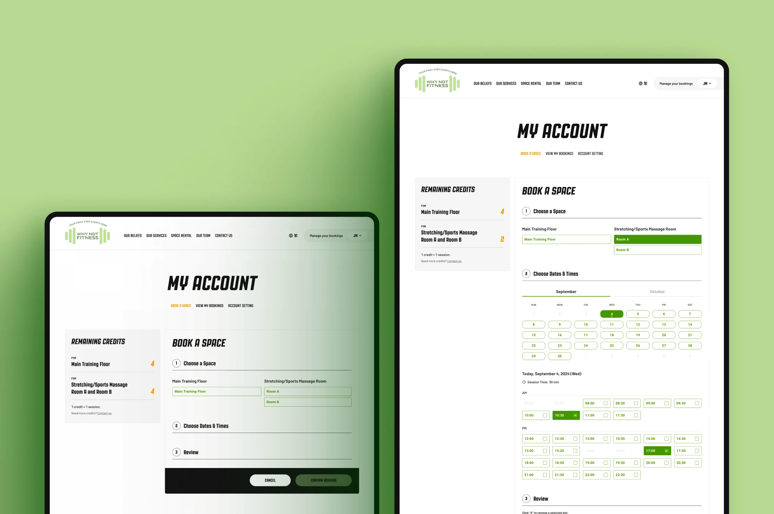 Two desktop screens of the Why Not Fitness booking system: a member-facing space booking flow and an admin scheduling calendar with available time slots