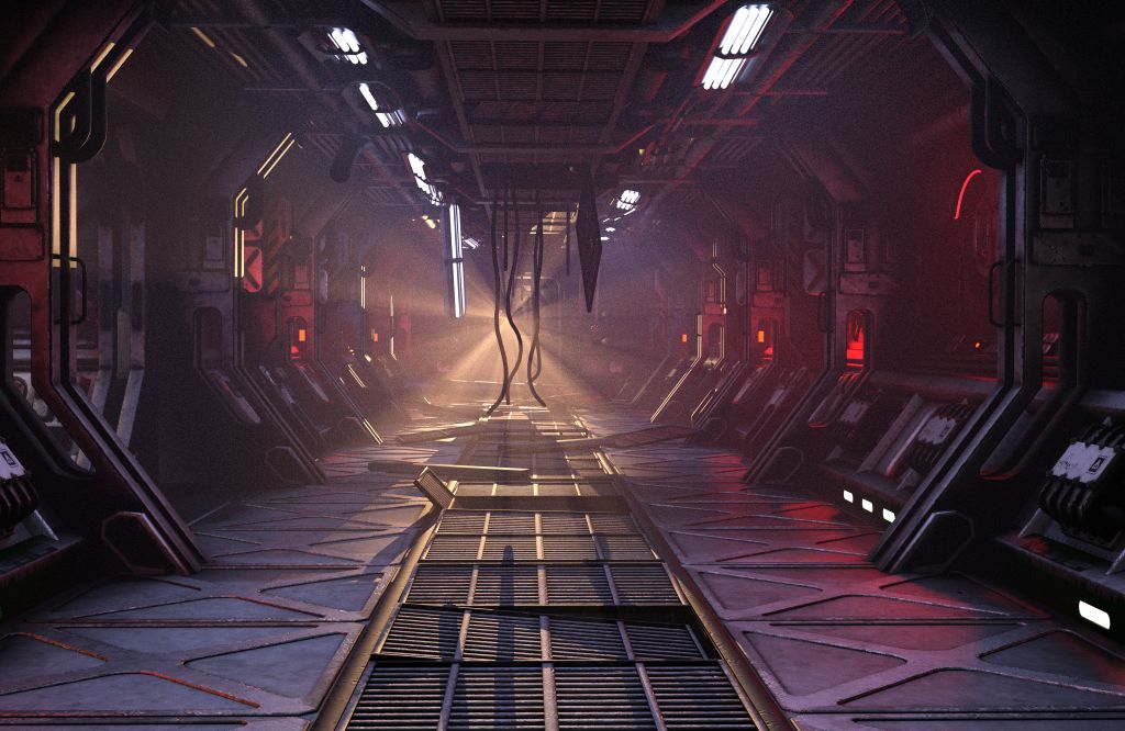 Flat-style 3d illustration of a spaceship corridor.