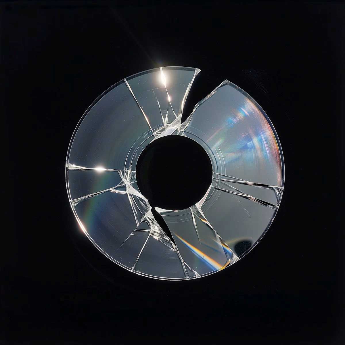A shattered CD with colorful reflections on a black background, showcasing intricate cracks and jagged edges in striking detail.