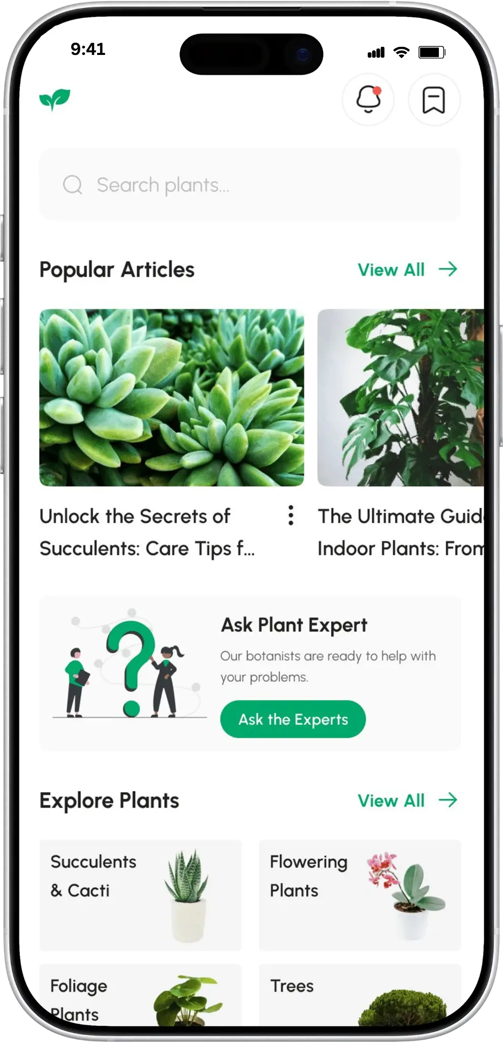 Plant care mobile app showing popular plant articles and expert chat feature