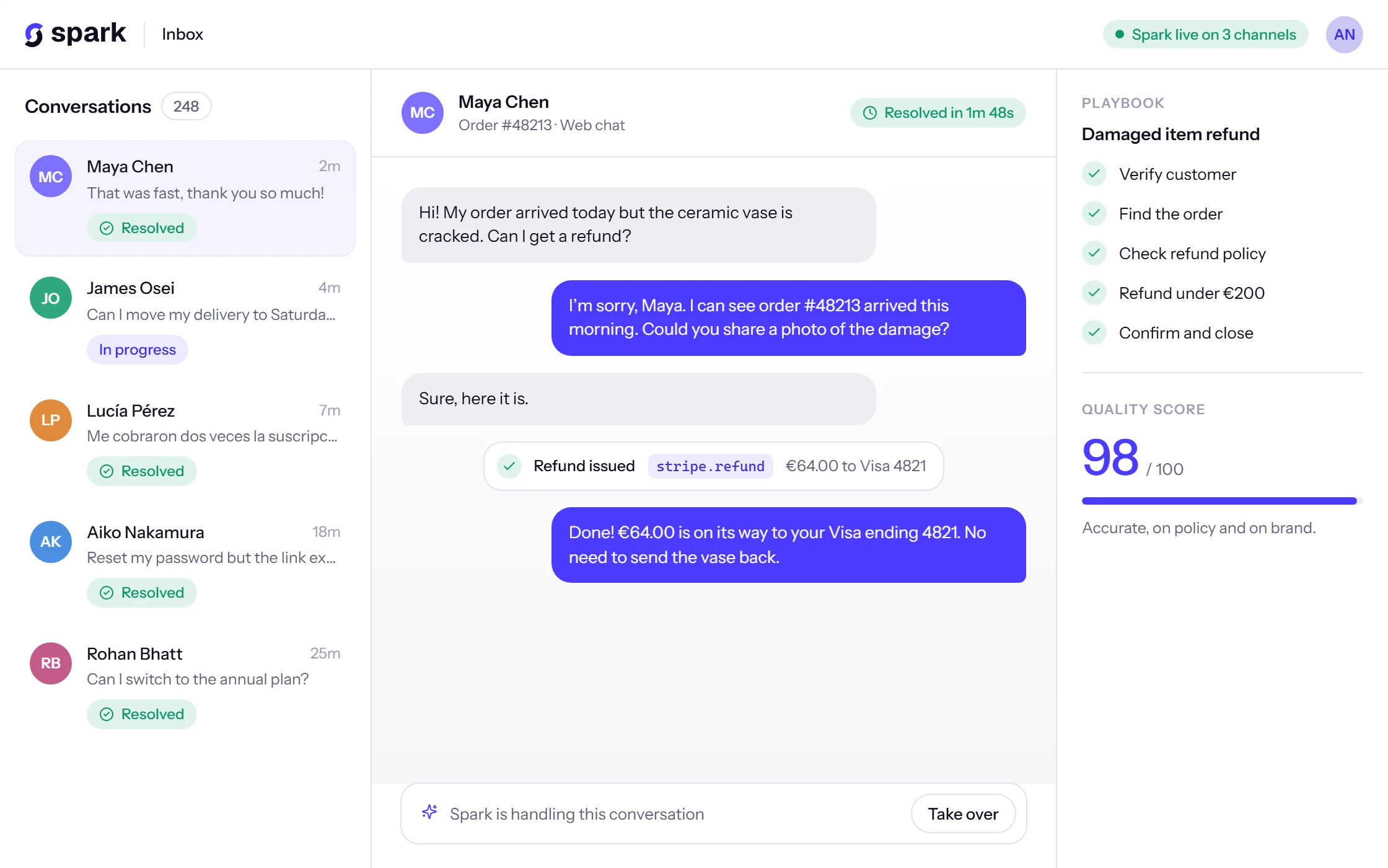 The Spark inbox: a chat where the agent refunds a damaged order, with the playbook steps and quality scores beside it