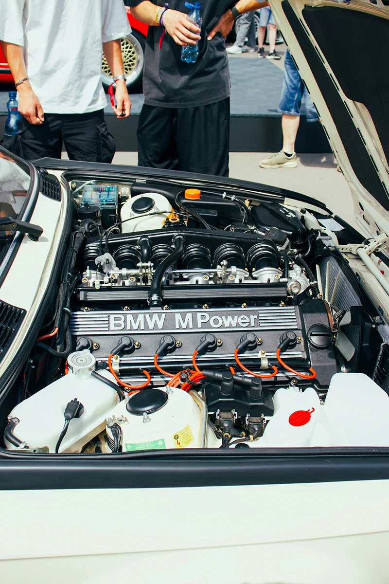 Professional engine bay detailing showing a clean and well-maintained vehicle engine compartment.