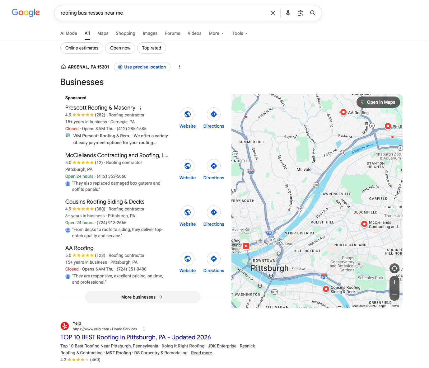 Google SERPs: roofing businesses near me