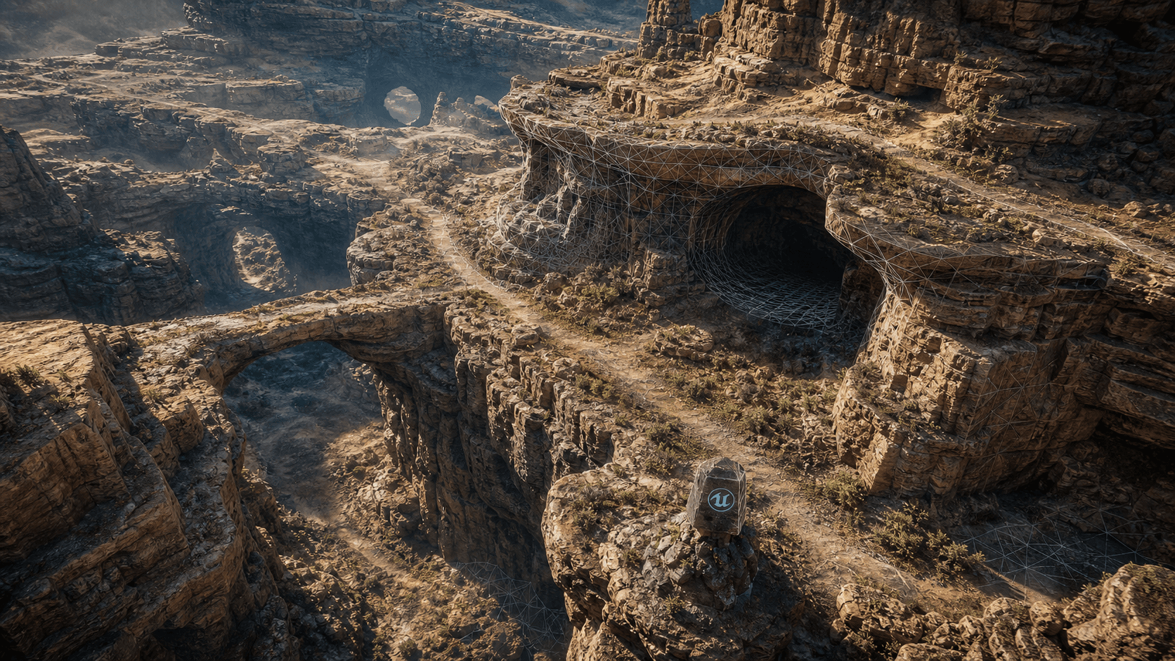 Mesh Terrain canyon scene with caves, overhangs, layered paths, and visible wireframe geometry.