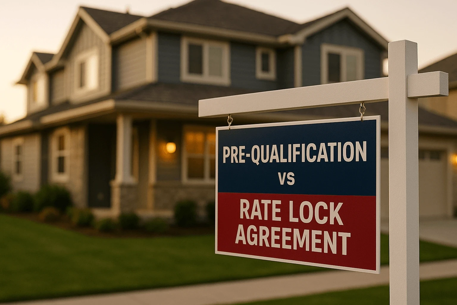Real estate sign in front of a house displaying the words “Pre-qualification vs Rate Lock Agreement